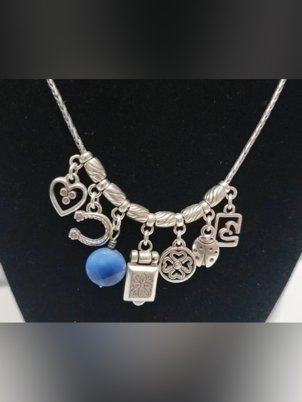 🐞🌸 VTG BRIGHTON Silver ‘Good Fortune’ Necklace with Blue Accents! Retired!